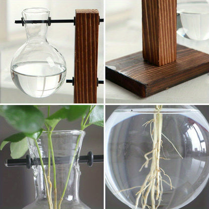 Vase hydroponique en verre et bois – Design créatif pour décoration de table