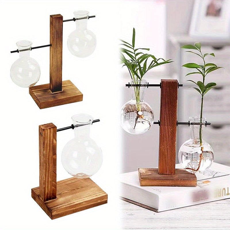 Vase hydroponique en verre et bois – Design créatif pour décoration de table