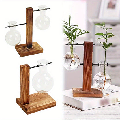 Vase hydroponique en verre et bois – Design créatif pour décoration de table