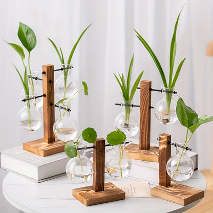 Vase hydroponique en verre et bois – Design créatif pour décoration de table